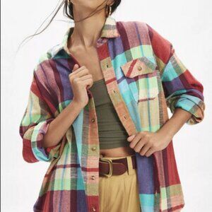BDG Dani Oversized Flannel Shirt Light Blue Top Printed Buttondown M